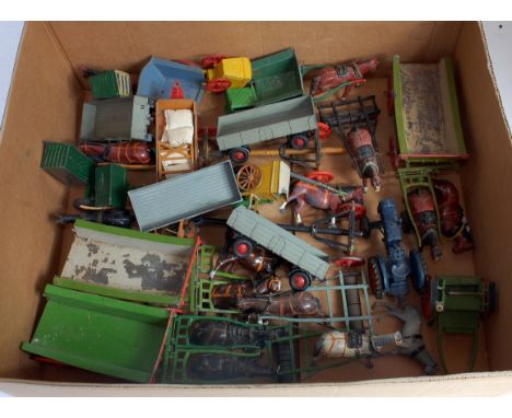 One tray containing a quantity of mainly Britains lead and hollow cast loose farming miniatures to include No. 8F farm wagon,