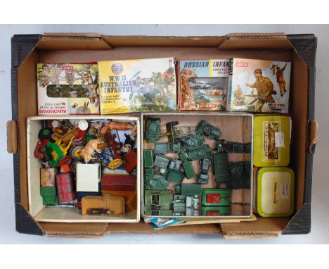 One tray containing a quantity of mixed plastic Airfix H0 scale figures, some boxed, others loose, also sold with a quantity 