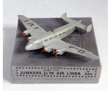 A Dinky Toys No. 62N Junkers JU90 airliner comprising of silver body with 4x3 blade red propellers, marked D-AIVI to wings, w