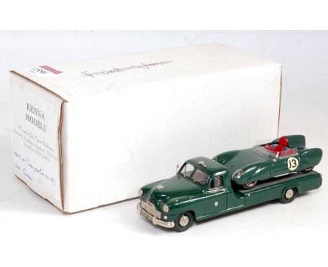 A Kenna Models 1/43 scale white metal and resin model of a standard Vanguard Lotus racing car transporter with Lotus car load