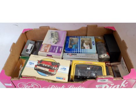 One box containing a quantity of mixed boxed diecasts to include classic cars, racing saloons, public transport, and military