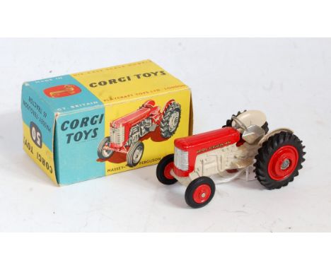 A Corgi Toys No. 50 Massey Ferguson 65 tractor, comprising of cream and red body with red hubs in the original blue &amp; yel