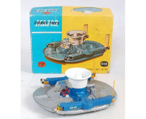 A Corgi Toys No. 1119 HDL Hovercraft SR-N1 comprising of blue and silver body with yellow fins, housed in the original blue &