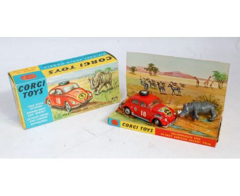 A Corgi Toys No. 256 Volkswagen 1200 East African Safari gift set comprising of VW 1200 in racing livery with a red body, bro