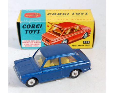 A Corgi Toys No. 251 Hillman Imp saloon comprising of metallic blue body with yellow interior, luggage load and spun hubs, so