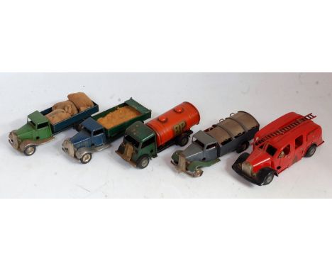 Five various loose Triang Minic tinplate and clockwork vehicles to include fire engine, refuse cart, BP tanker and two open w
