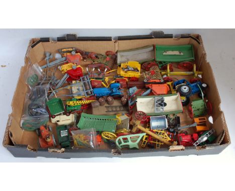 One tray containing a quantity of mixed play worn and loose lead hollow cast and diecast miniatures to include Britains, Dink