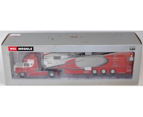 A WSI Models No. 07-104 Dutch tractor pulling set, comprising of a Scania 3 series 4x2 Torpedo with 3 axle box trailer, finis