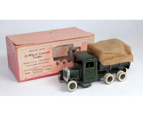 A Britains British Army series No.1432 ten wheel covered tender comprising of dark green body with dark green hubs, and ten w