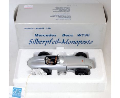 A CMC Exclusive Models 1/18 scale model of a Mercedes Benz W196 Silberpfeil-Monoposto, appears as issued in the original poly