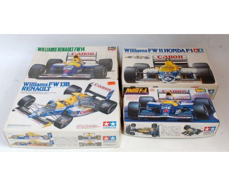 Eight various boxed as issued Tamiya, Hasagowa, Kawai, and Gunze Sangyo 1/24 scale mixed plastic F1 racing kitsto includea Ta