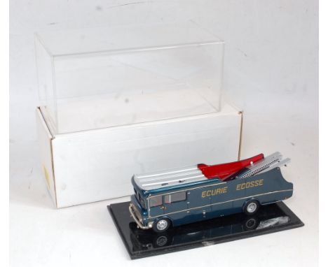 An SMTC white metal 1/43 scale factory built model of an Akuri Ecosse racing car transporter, finished in metallic blue, silv