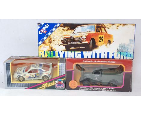 One box containing a quantity of mixed scale Corgi, Ricko, Mira and other mixed scale diecasts to include a Ricko Ford RS200 