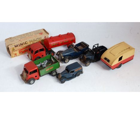 Six various loose Triang Minic tinplate and clockwork saloons, commercial vehicles and trailers to include Shell BP articulat