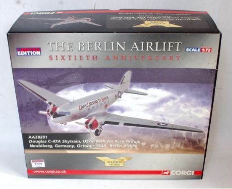 A Corgi Aviation Archive 1/72 scale model No. AA38201 Douglas C-47A Skytrain (Berlin Airlift) appears as issued in the origin