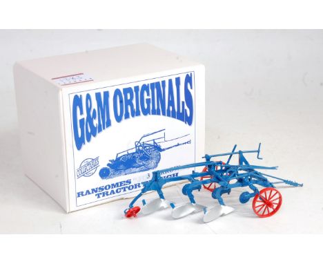 A G&amp;M Originals 1/32 scale white metal and resin model of a Ransom 3 furrow tractor plough finished in blue and orange, s