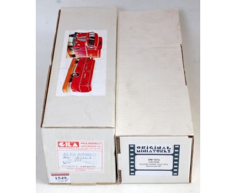 An original Miniatures and Gila Modelli 1/43 scale resin car transporter kit group to include a Gila Modelli Alfa Romeo 800 B