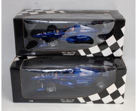 A Minichamps 1:18 scale Prost Grand Prix 1999 show car group, two examples to include J Trulli, and O Panis, both in the orig