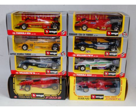 Eight various boxed Bburago 1/24 scale F1 racing diecasts to include a Lotus Honda turbo, Williams FW14, F1 USA, together wit