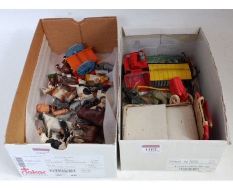 Two boxes containing a quantity of various mixed lead and hollow cast figures to include Britains, Crescent, FG Taylor, and o