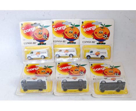 A Corgi Juniors trade pack of 6 No. 117 Spanish 1982 World Cup delivery vans, all housed in the original backing cards with b