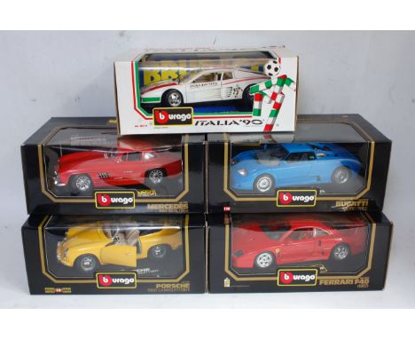 Ten boxed Bburago 1/18 scale diecasts, all appear as issued to include Chevrolet Corvette 1957, Jaguar E Coupe, 1961, Ferrari