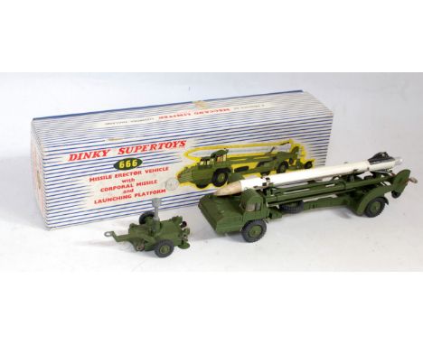 A Dinky Toys No. 666 missile erector vehicle with Corporal missile and launching platform comprising military green body with