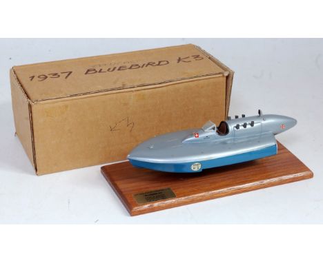 A Replicast 1/43 scale white metal and resin hand built model of the 1937 Campbell Bluebird K3 Waterspeed record boat, raised