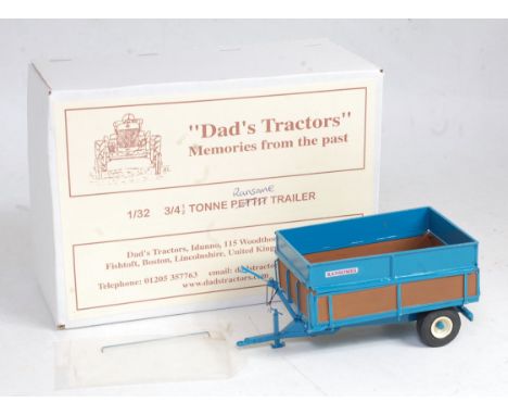 A Dad's Tractors 1/32 scale white metal and resin model of a Ransome 4.5 ton trailer finished in blue and brown with white hu