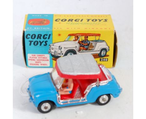 A Corgi Toys No. 240 Ghia-Fiat 600 Jolly, comprising of blue body with silver and red canopy fitted with spun hubs and driver