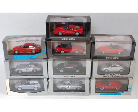 Ten various boxed plastic cased Minichamps 1/43 scale, mixed examples to include a Mercedes Benz 300SLR Coupe, BMW 507 Cabrio