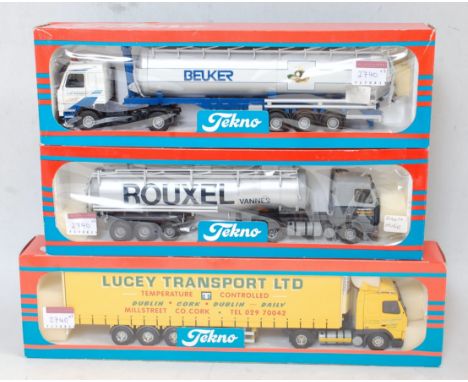 A Tekno 1/50 scale boxed road haulage diecast group, three examples to include a Beuker Scania 143M/420 tractor unit with tan