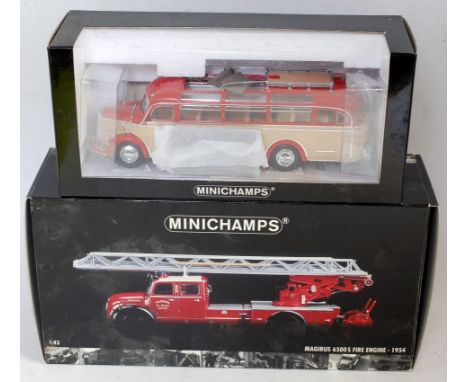 A Minichamps 1/43 scale boxes public transport and fire engine group to include a Magirus 6500S fire engine, together with a 