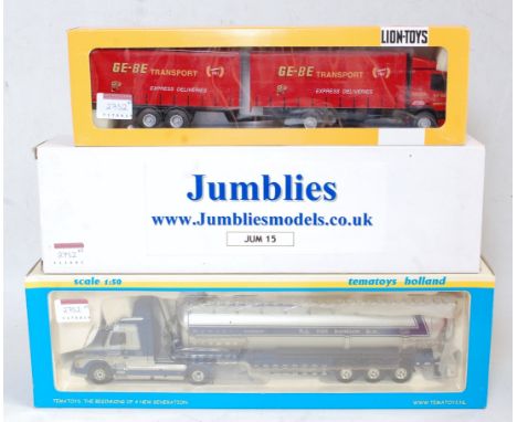 Three various boxed mixed scale road transport diecasts to include a Tematoys HJ Van Bentum, NH Volvo Torpedo tractor unit wi