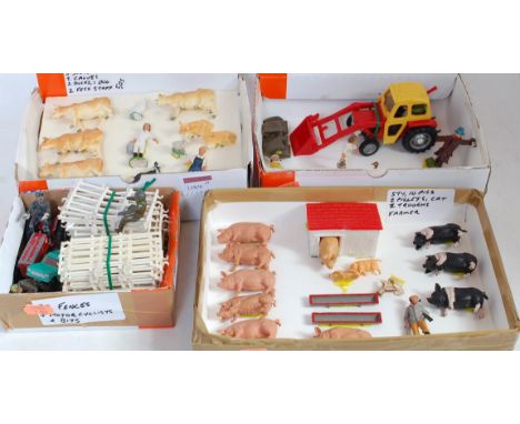 Seven various boxes containing a quantity of mixed diecast, plastic, Britains, Dinky Toys, Matchbox, and other farm animals a