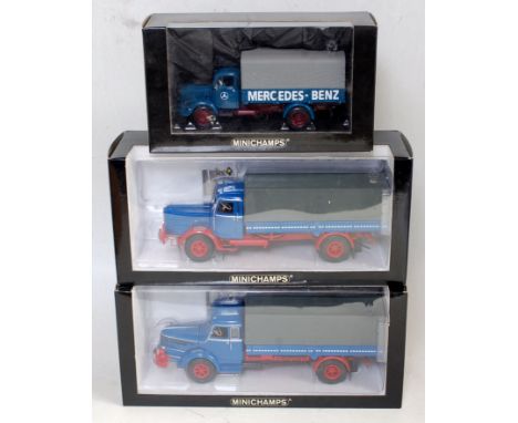 Three various boxed Minichamps 1/43 scale commercial vehicles to include Model Buessing 8000S canvas truck, a model Krupp Tit