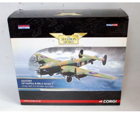 A Corgi Aviation Archive 1/72 scale No. AA37201 HP Halifax B.Mk3 series 1 aircraft, appears as issued in the original card sl