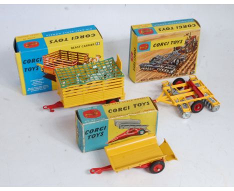 A collection of Corgi Toys boxed farming implements to include a No. 58 beast carrier, appears complete in the original blue 