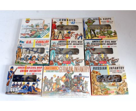 Nine various boxed Airfix H0/00 scale figure sets, also sold with one Matchbox example, to include Russian Infantry, Union In