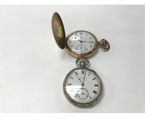 An omega gold plated pocket watch seen running and a Elgin silver cased pocket watch not seen running.