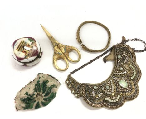 Victorian necklace, gilded scissors, serpent bangle and a small round porcelain Paris trinket box. This lot cannot be posted