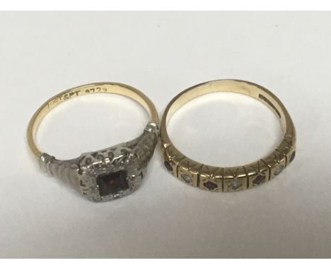 An 18carat gold and platinum ring set with a ruby weight 3g and a 9carat gold ring set with alternating chip diamonds and rub