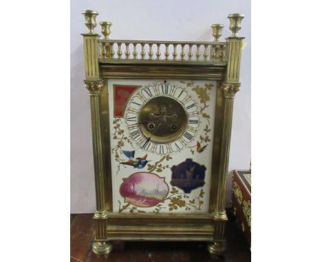 A 19th century French brass mantel clock, the enamel face decorated with birds and panels, of a landscape and a marine scene,