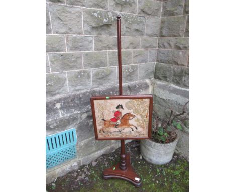 A 19th century mahogany pole scree, the tapestry panel decorated with a hunting scene
