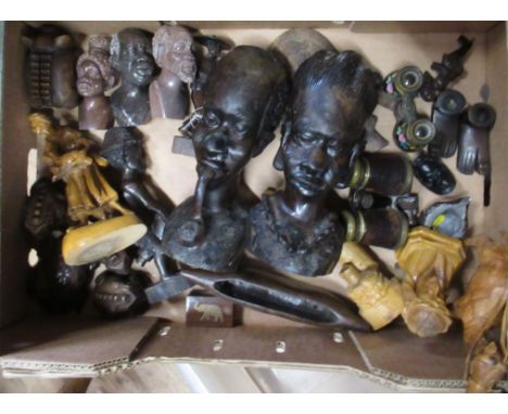 Box of assorted carved African pieces, to include stands, busts and a walking stick together with other carved items and bino