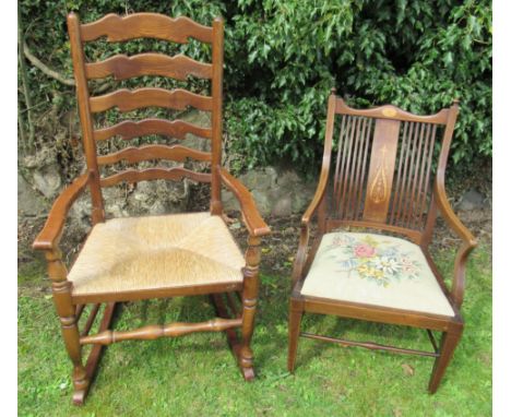 A ladder back rocking chair, together with an Edwardian inlaid chair with tapestry covered seat