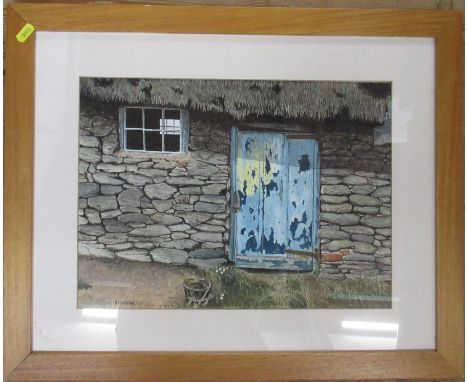 R Lawrence, watercolour, blue door in a stone cottage, 12ins x 16ins