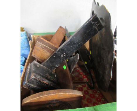 A box of sundries to include book trough, papier mache trays, plate stands etc