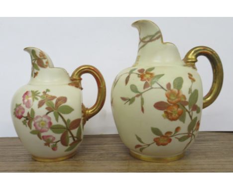 Two Royal Worcester gilt ivory flat back jugs, decorated with shot silk flowers, shape No. 1094, height 6.5ins and 8ins&nbsp;