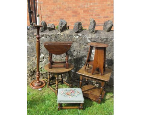 Four various coffee tables, a tapestry top stool and a lamp standard